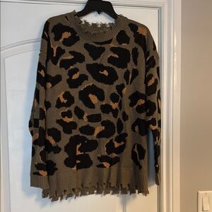 Leopard Print Frayed Sweater